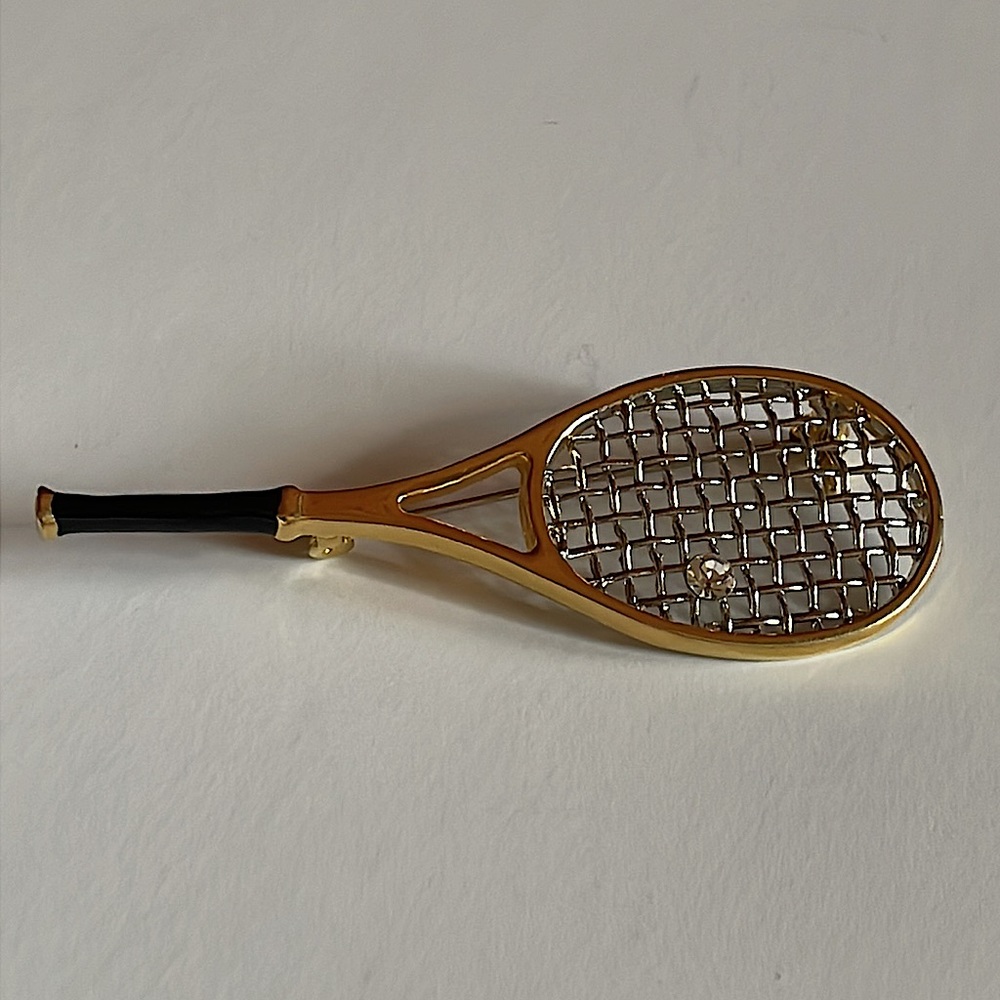 Vintage Tennis Racket Rhinestone Silver and Gold Toned Brooch